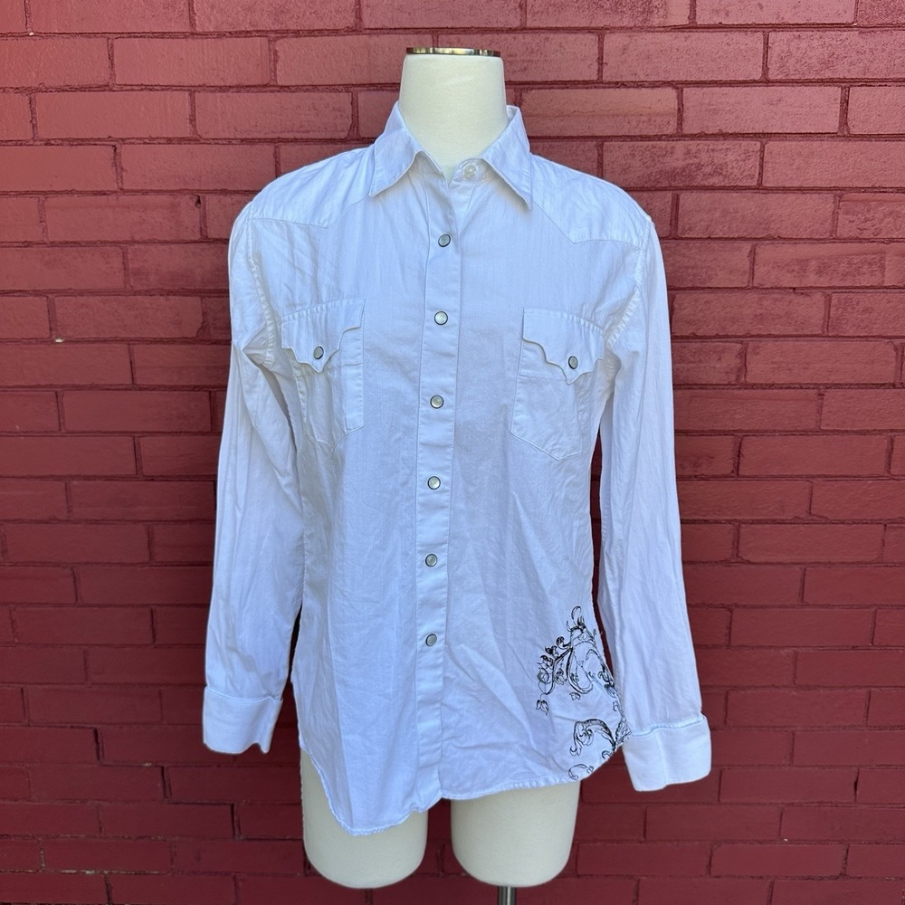 Vtg Brooks &‎ Dunn Panhandle Slim Shirt Womens Large Cowgirl White Embroidery
